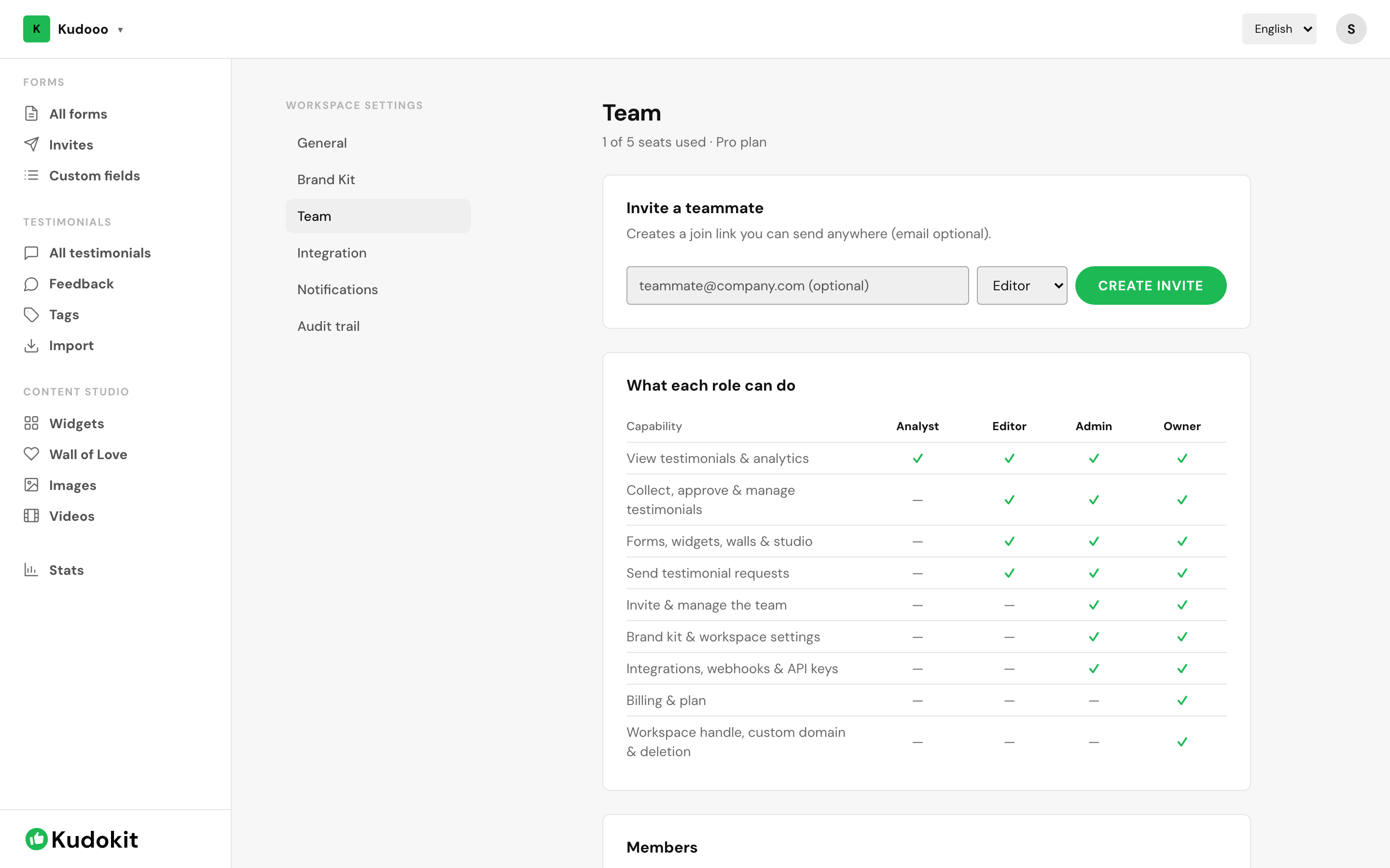 The team screen, where you invite people and set their role.