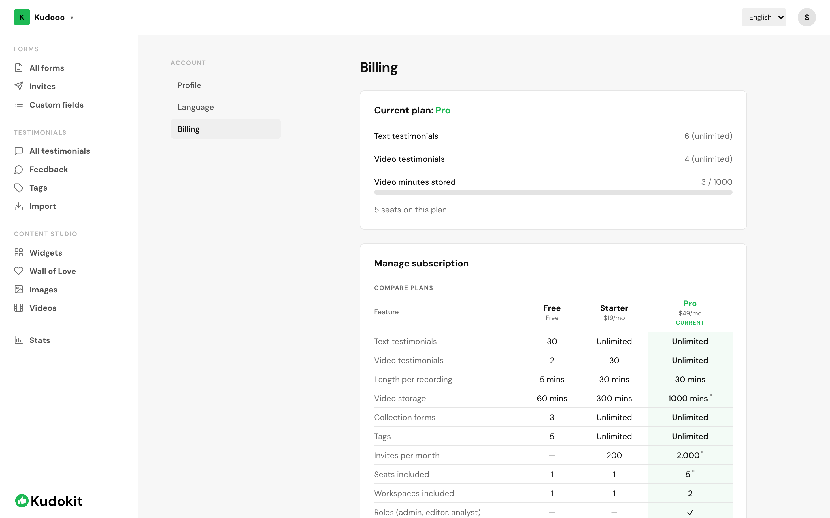Billing, showing current usage and the full plan comparison.