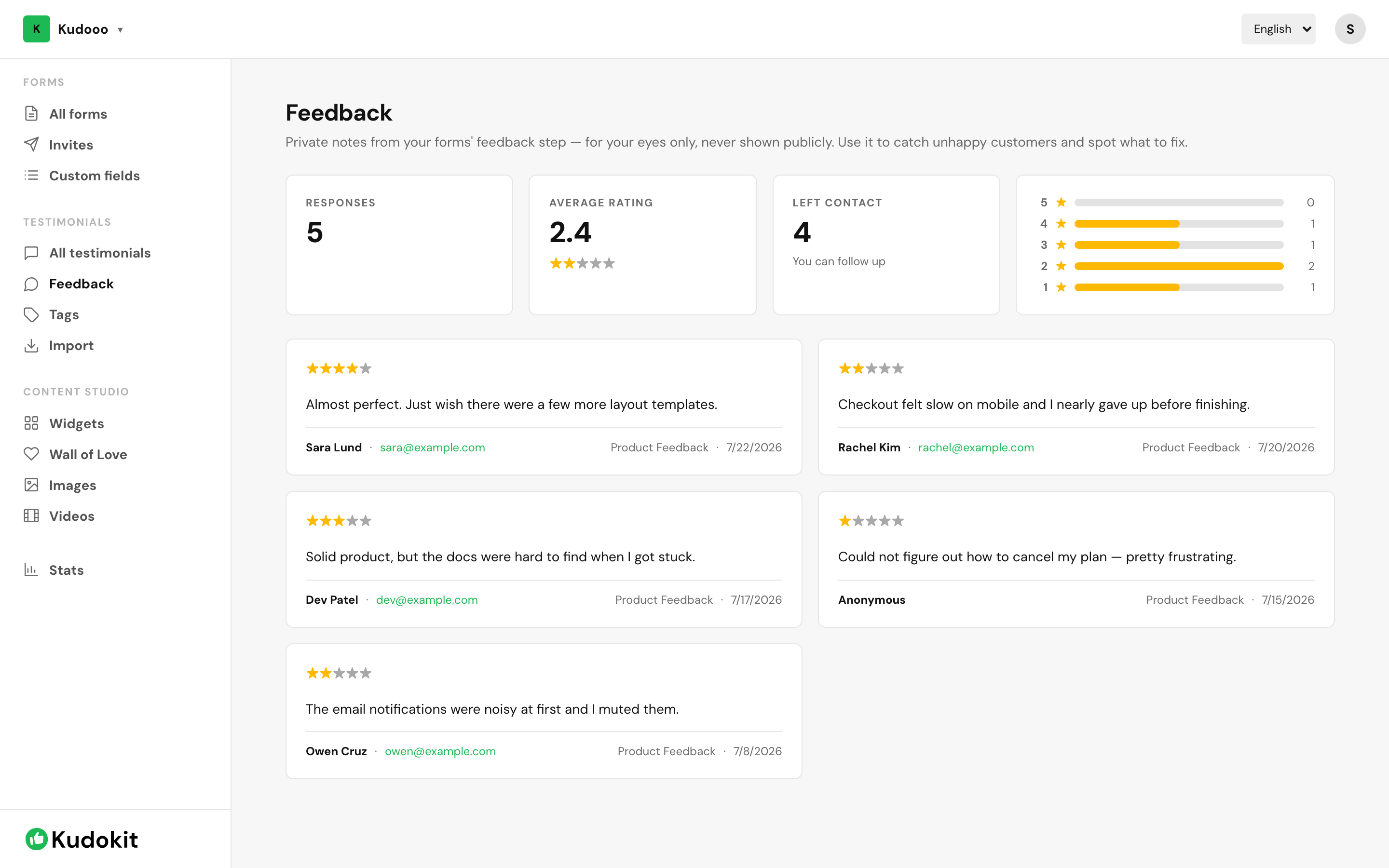 The feedback stream, kept separate from publishable testimonials.