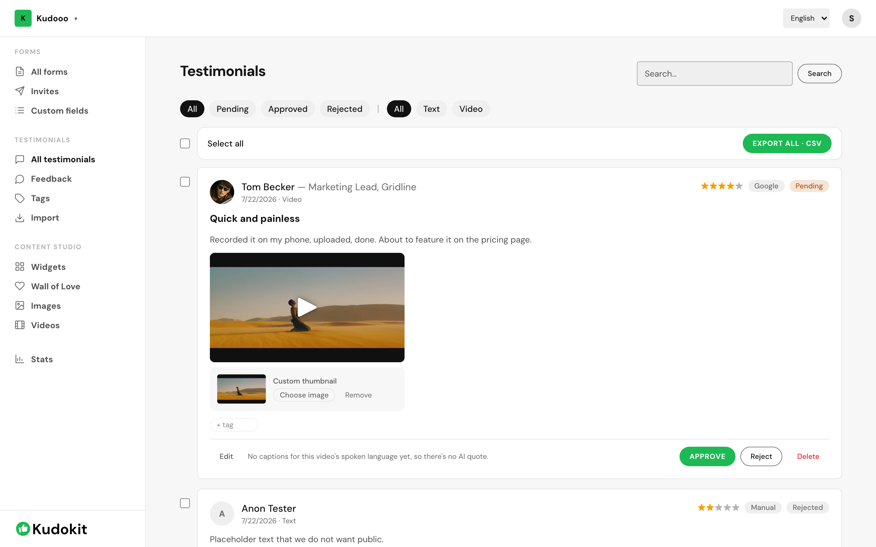 The testimonial inbox, with status filters and the approve, reject and delete actions.