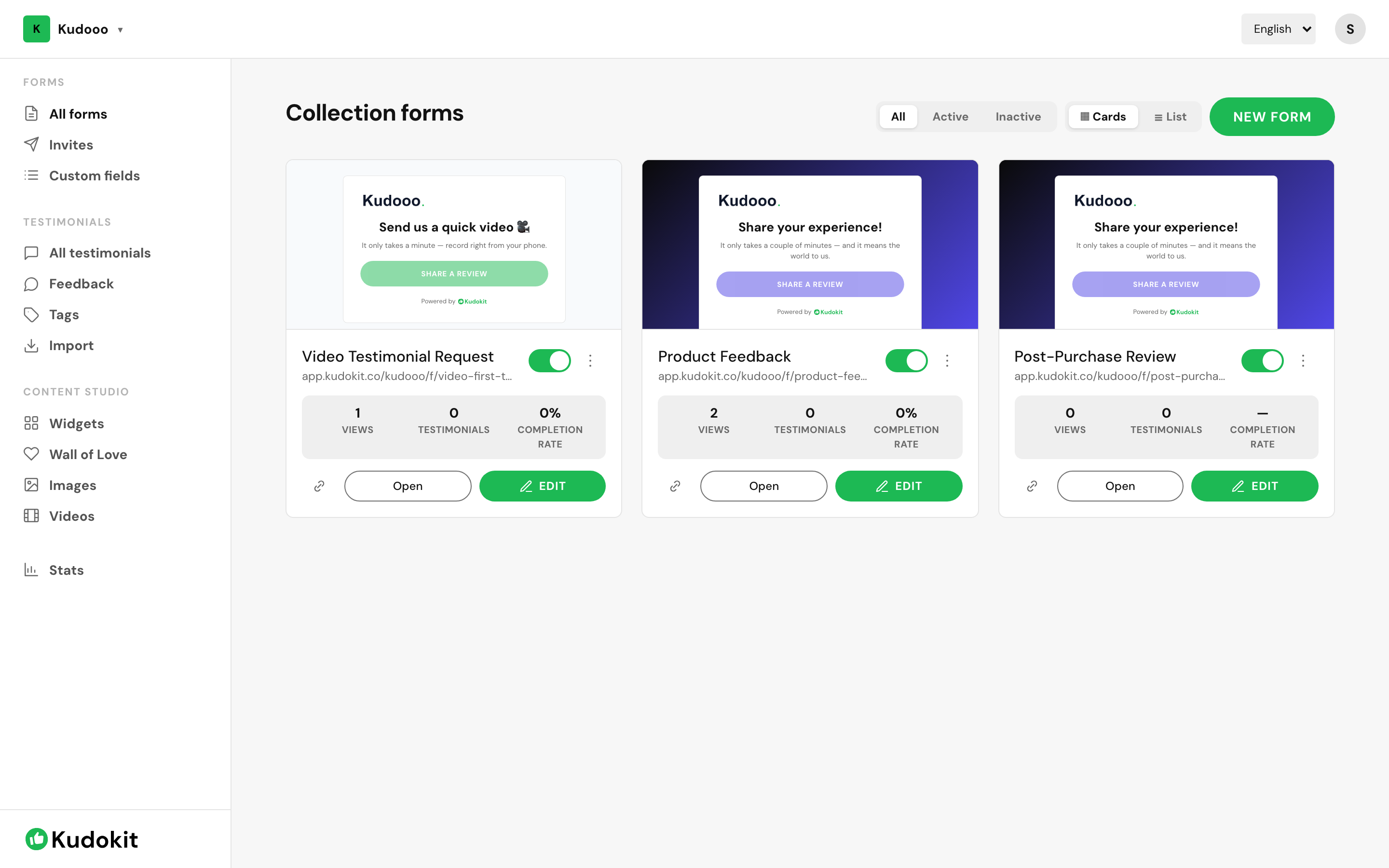 The Collection forms list, showing each form's public link and completion rate.