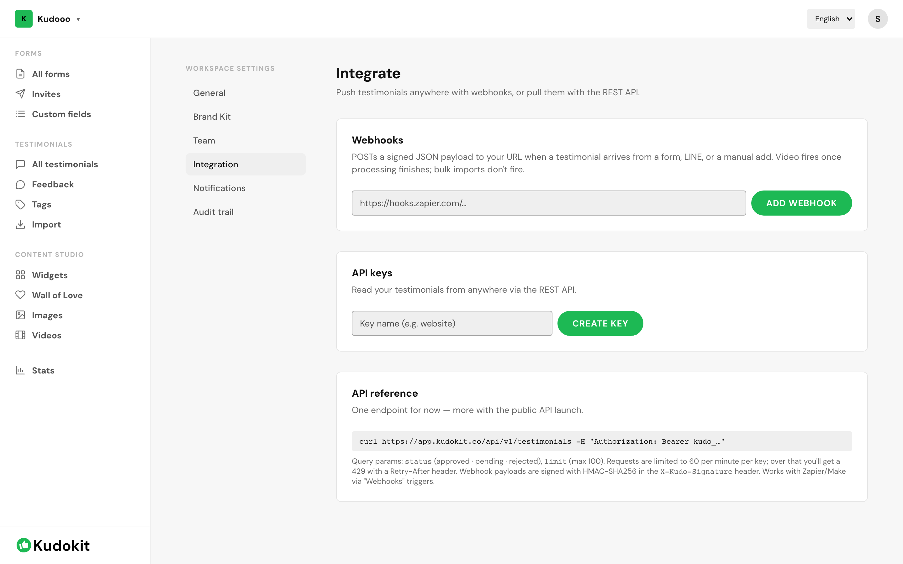 Webhooks, API keys and the API reference.