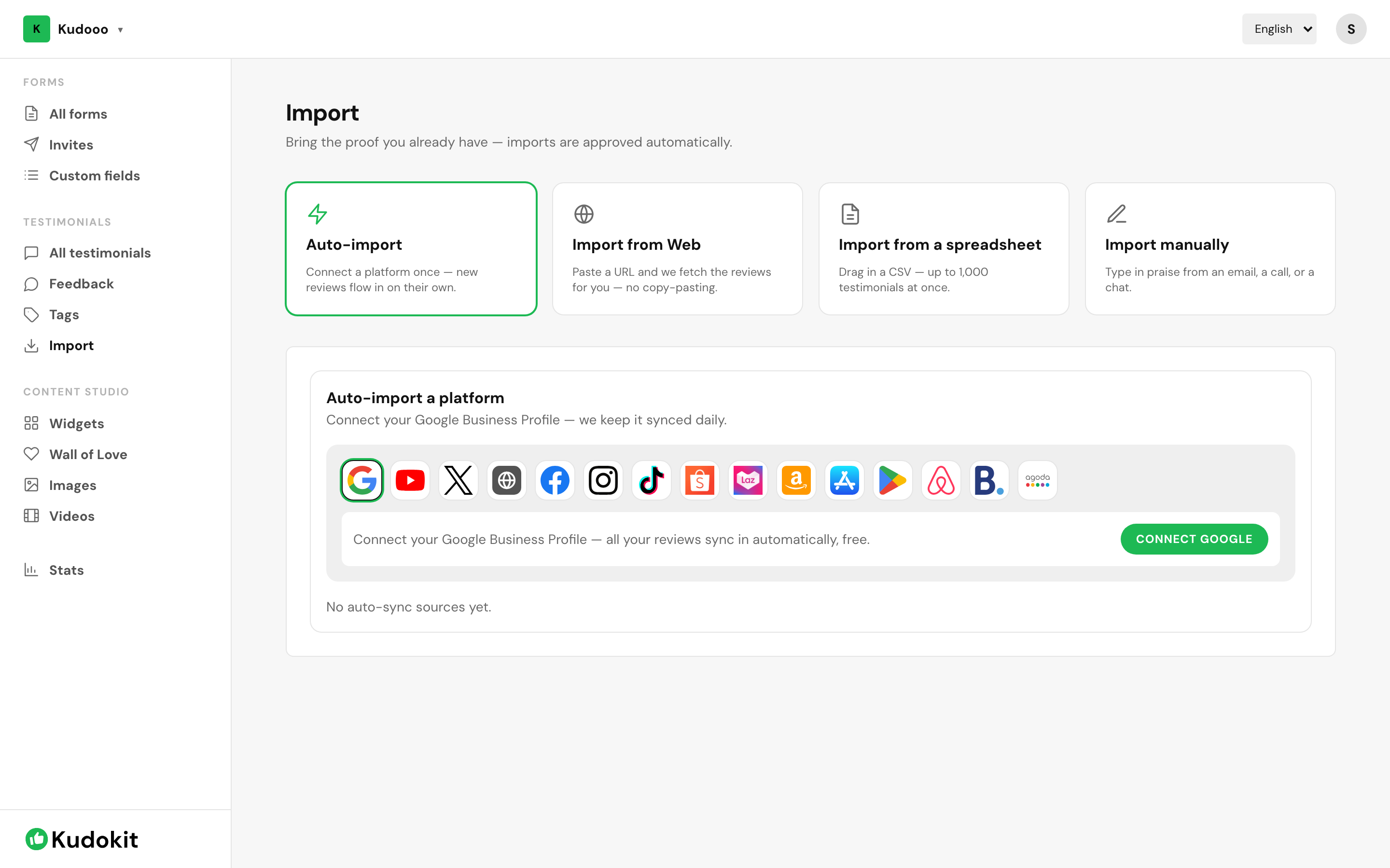 The Import screen and its four ways to bring in existing reviews.