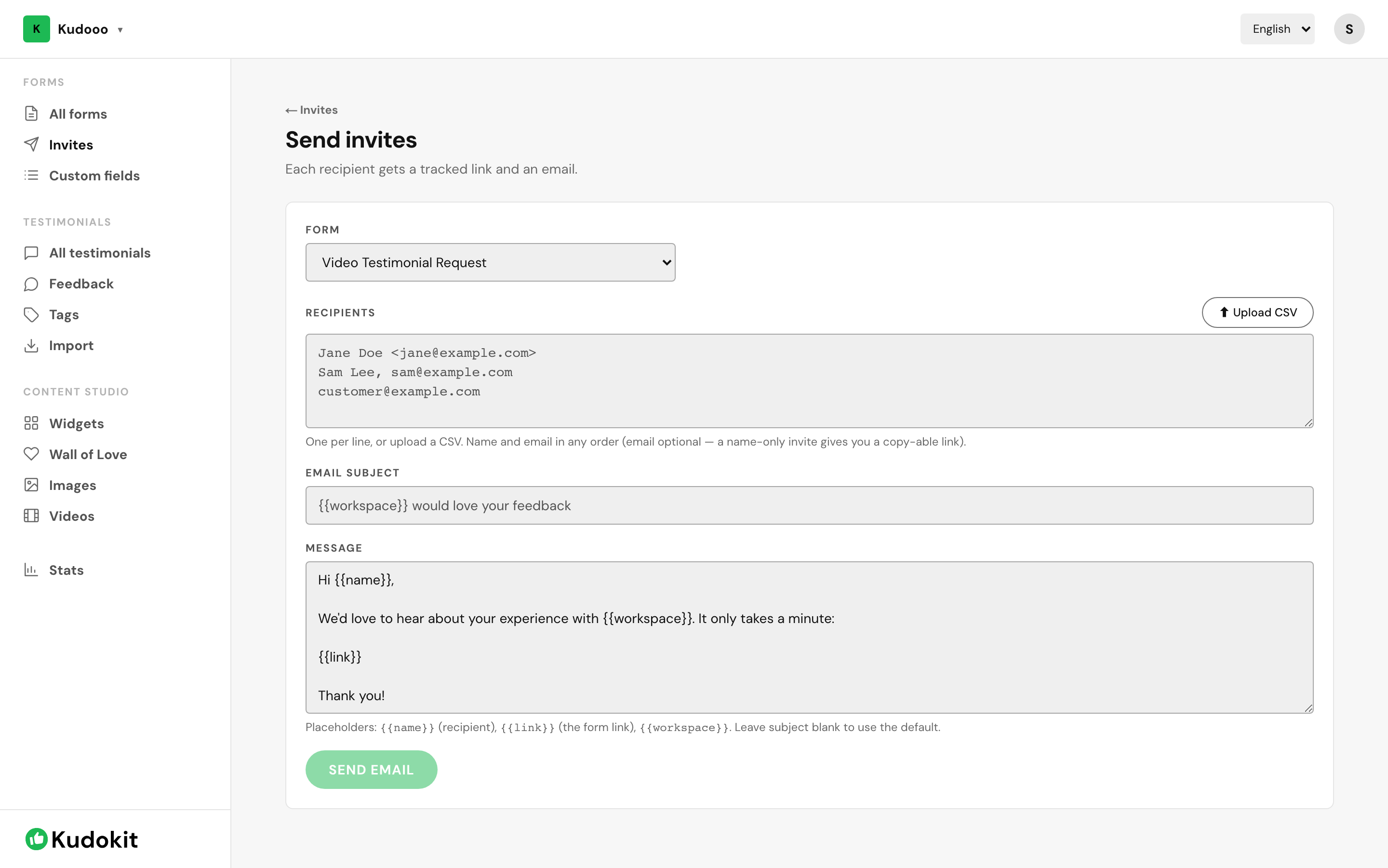 The Send invites screen, with the recipient list and message placeholders.